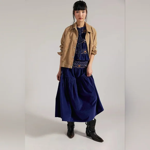 NWT! Free People Terra Smocked Maxi Skirt Set (M), Blue, Corduroy - Picture 2 of 16